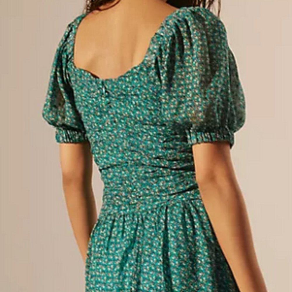 Anthropologie 10 NWT Green Floral Puff Sleeved Cut-Out Midi Dress - Picture 6 of 9